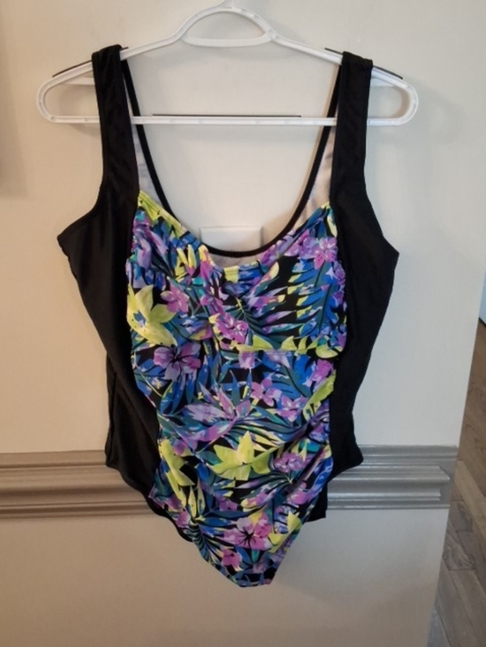 Tropical Escape Black One-Piece Swimsuit with Purple, Blue & Yellow Floral Print